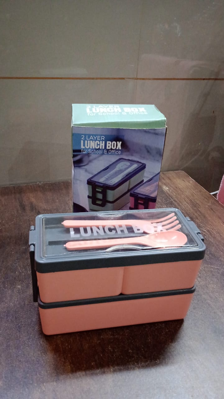 Double Decker Delight: 1400 ML Plastic Bento Lunch Box with Spoon & Fork Set