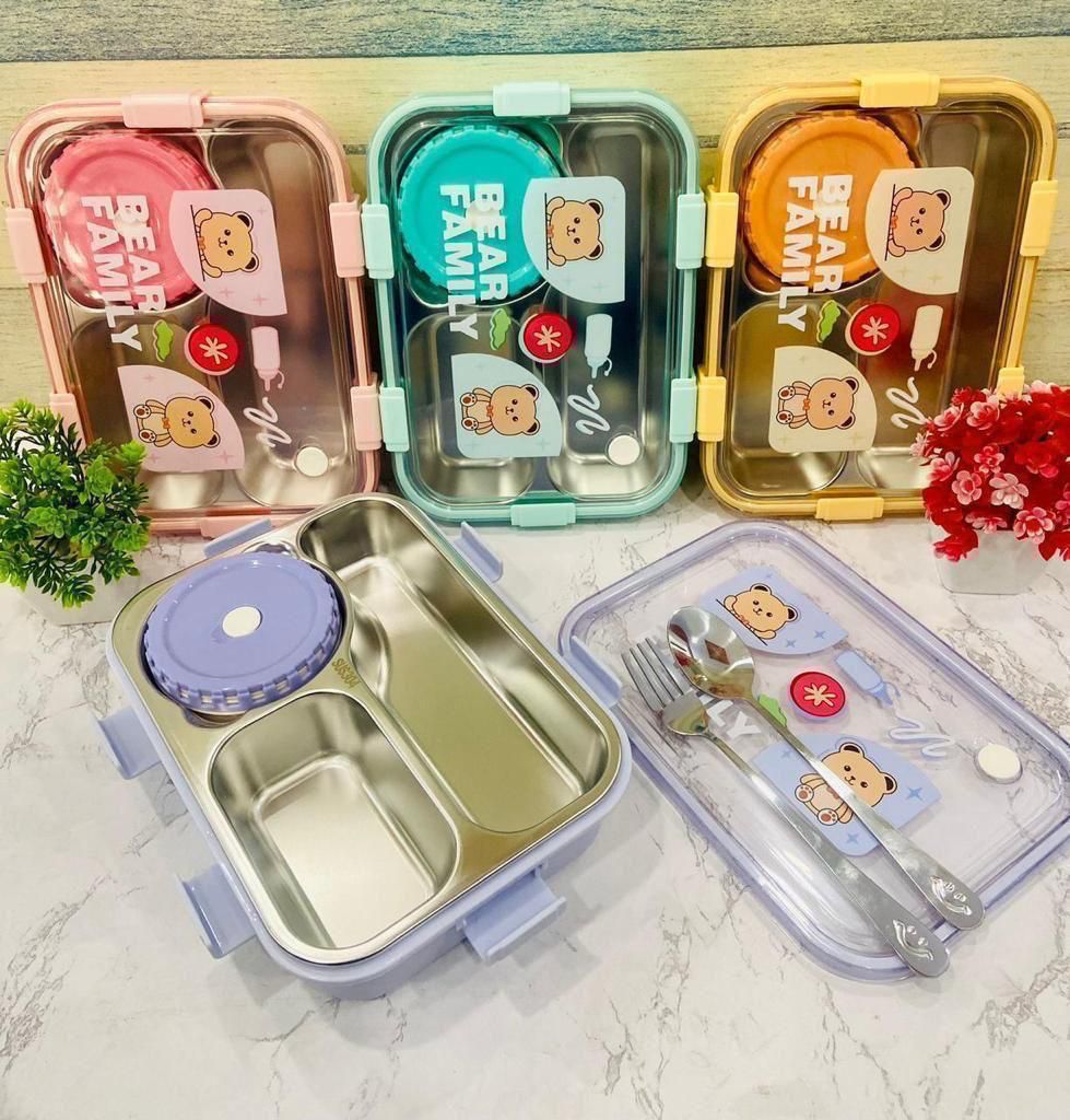 Premium 3-Grid Stainless Steel Bear Family Lunch Box – Durable, Cute, and Practical for Everyday Use