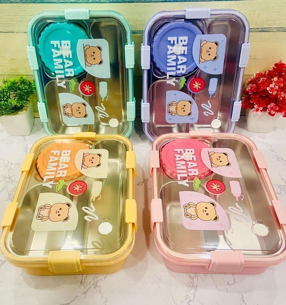 Premium 3-Grid Stainless Steel Bear Family Lunch Box – Durable, Cute, and Practical for Everyday Use