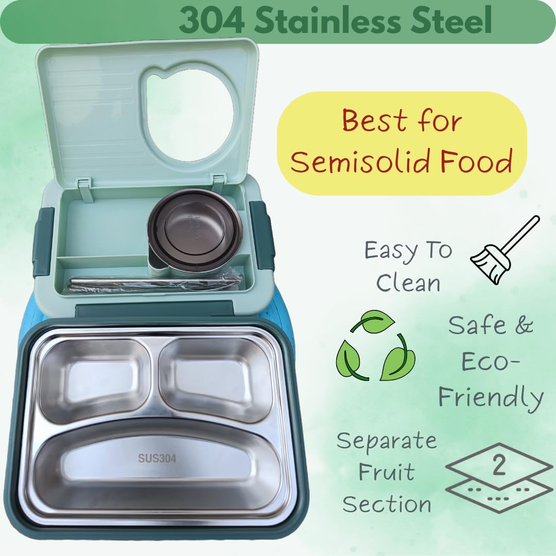 Premium Insulated 3-Compartment Bento Box with Steel Cutlery