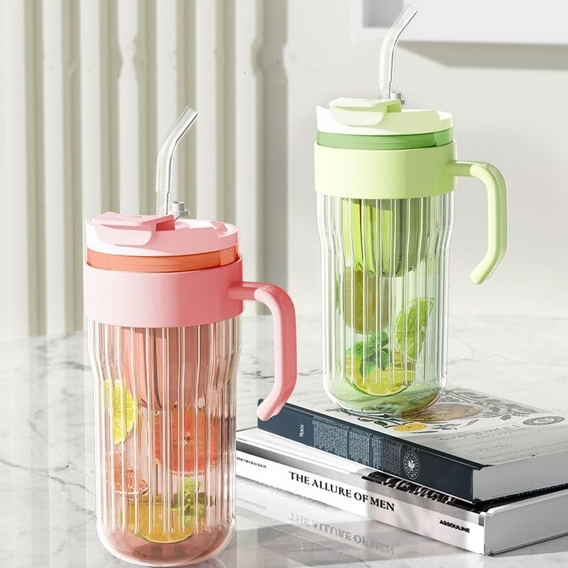 550ML Stripe Glass Tumbler with Lid & Straw – Leakproof 2-in-1 Sip & Flip Design, Multicolor Reusable Glass Cup for Juice, Milk, Iced Coffee & Tea (Set of 1)