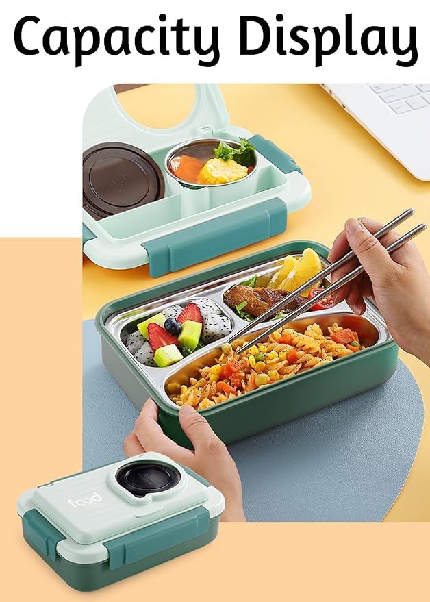 Premium Insulated 3-Compartment Bento Box with Steel Cutlery