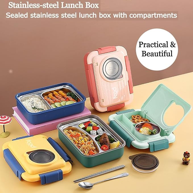 Premium Insulated 3-Compartment Bento Box with Steel Cutlery