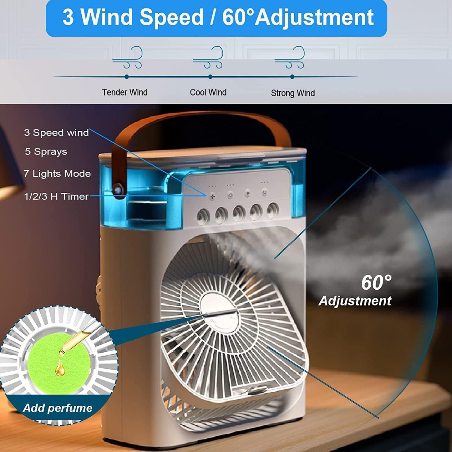 Portable Air Conditioner Fan 7 Color Changing Light (Big / 1 Pc)