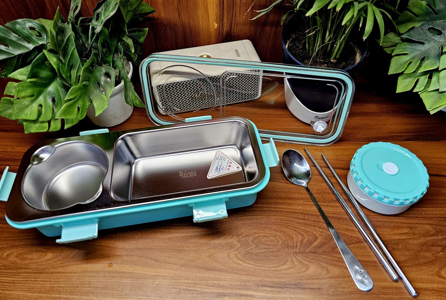 Super Sleek 2-Partition Bento Box with Spoon & Chopsticks (600+150 ML)