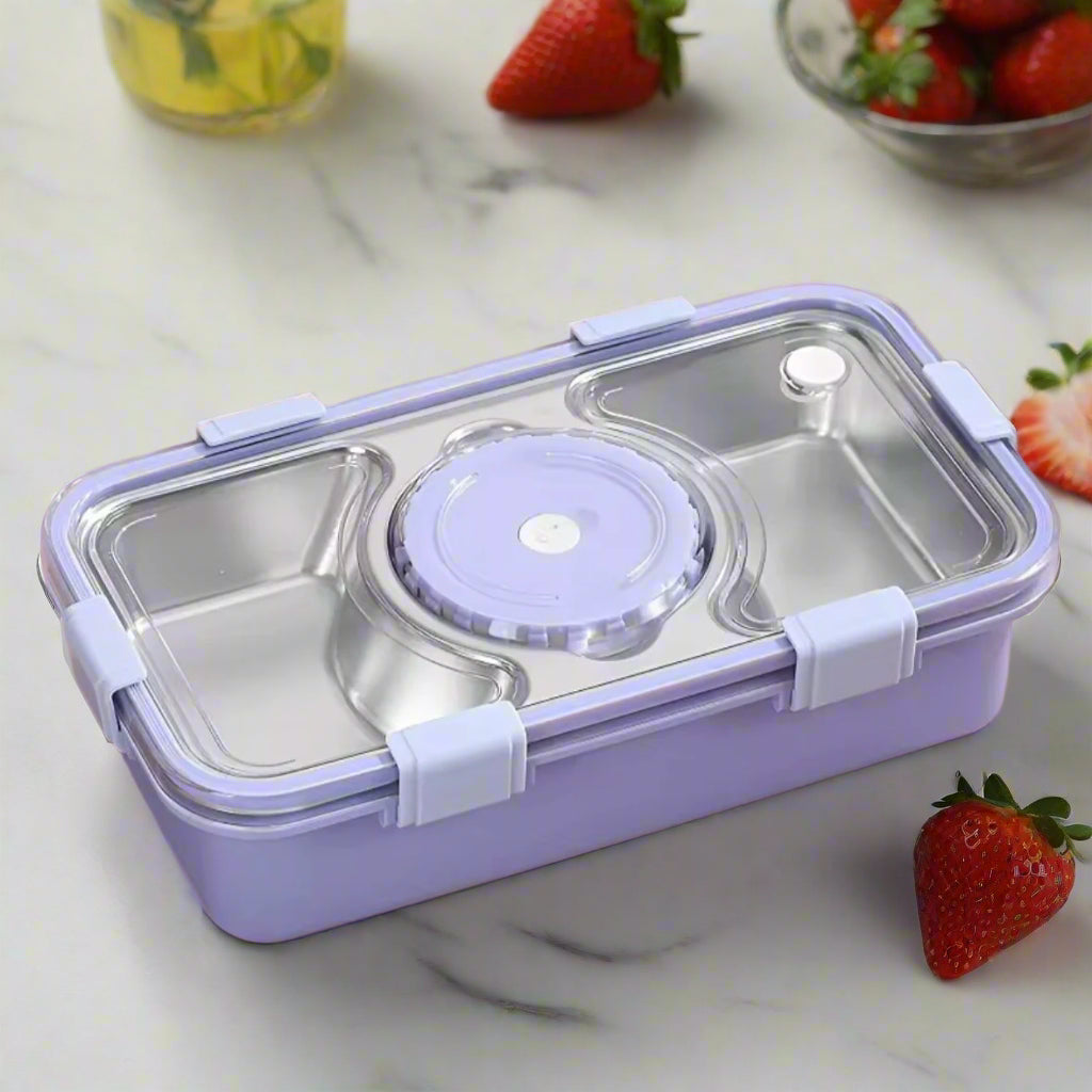 Compact 3-Grid Stainless Steel Lunch Box with Leak-Proof Container and Steel Cutlery
