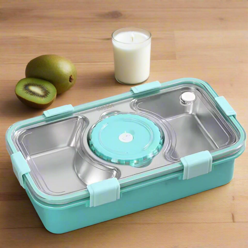 Compact 3-Grid Stainless Steel Lunch Box with Leak-Proof Container and Steel Cutlery