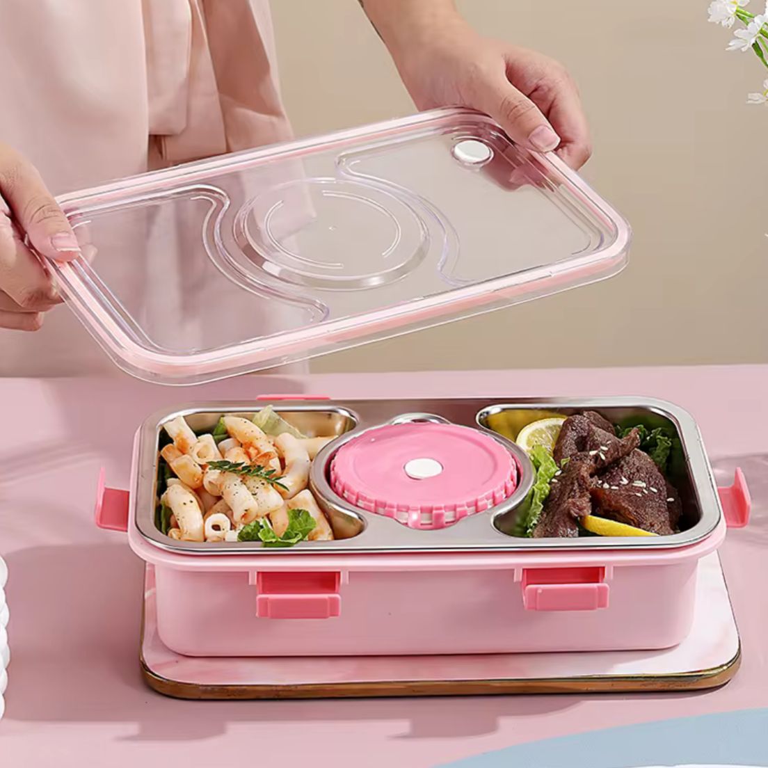 Compact 3-Grid Stainless Steel Lunch Box with Leak-Proof Container and Steel Cutlery