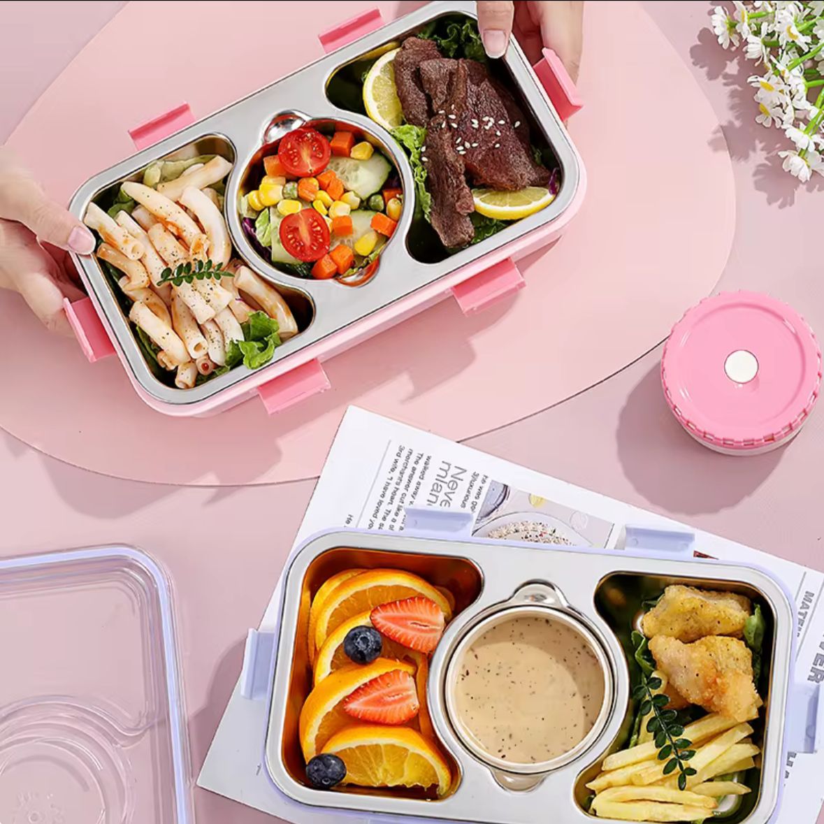Compact 3-Grid Stainless Steel Lunch Box with Leak-Proof Container and Steel Cutlery