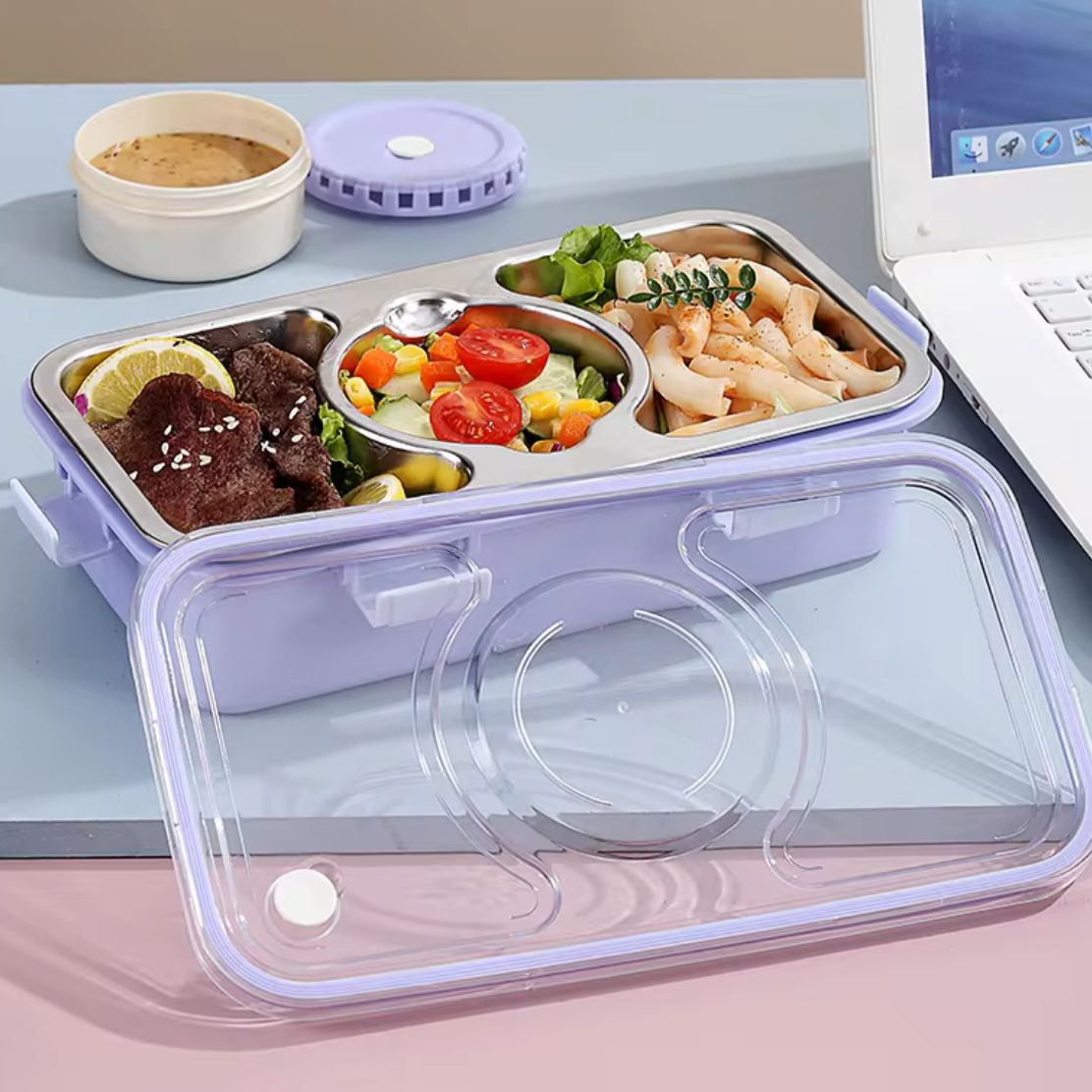 Compact 3-Grid Stainless Steel Lunch Box with Leak-Proof Container and Steel Cutlery