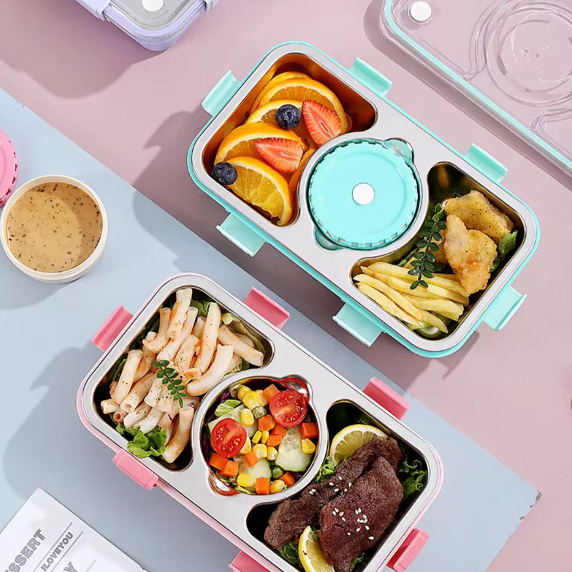 Compact 3-Grid Stainless Steel Lunch Box with Leak-Proof Container and Steel Cutlery