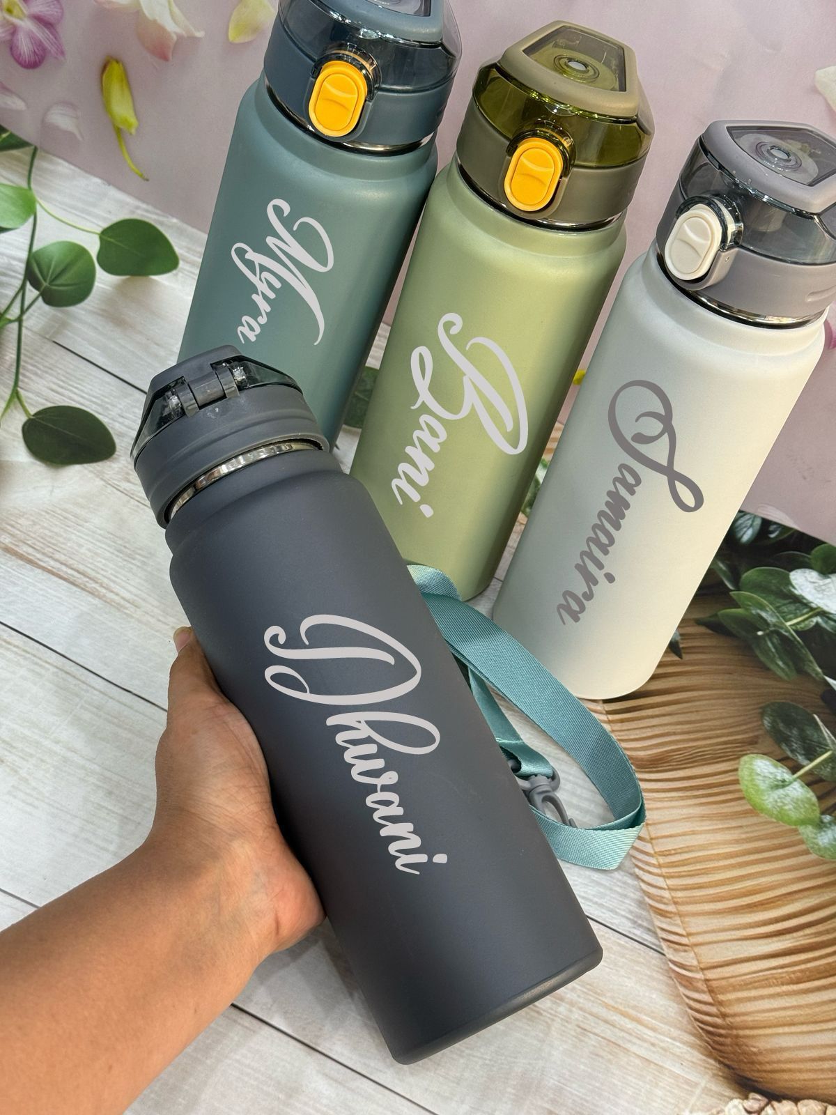 Personalized Double Valve Insulated Stainless Steel Water Bottle with Strap - 800ml