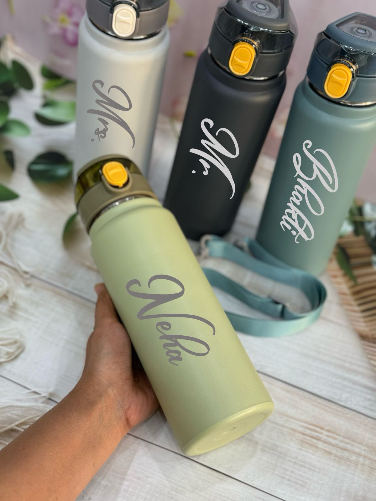 Personalized Double Valve Insulated Stainless Steel Water Bottle with Strap - 800ml