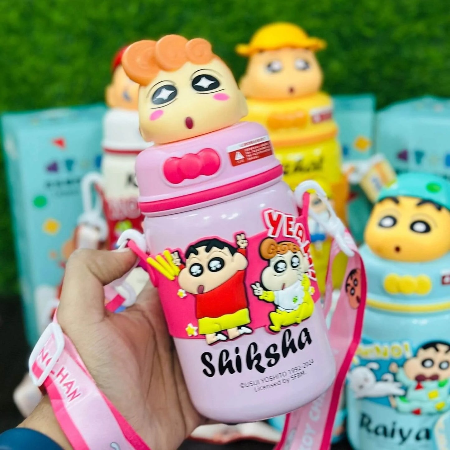 Cute Shinchan Stainless Steel Insulated Flask Sipper Bottle - 520ml with 3D Design Strap