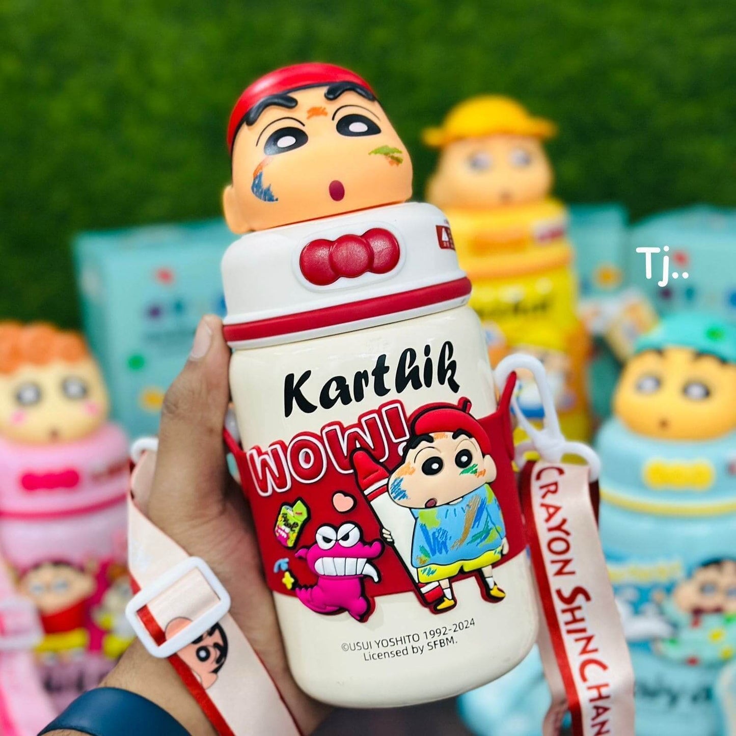 Cute Shinchan Stainless Steel Insulated Flask Sipper Bottle - 520ml with 3D Design Strap