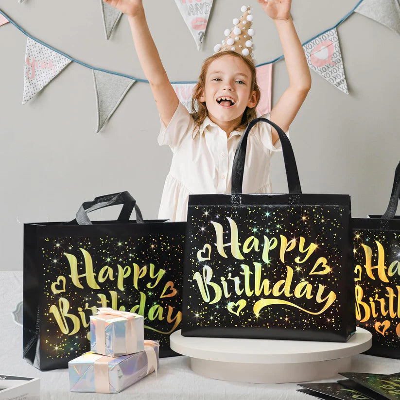 Birthday Gift Bag with Gold Shiny Stars, Reusable Party Gift Bags (1 Pc)