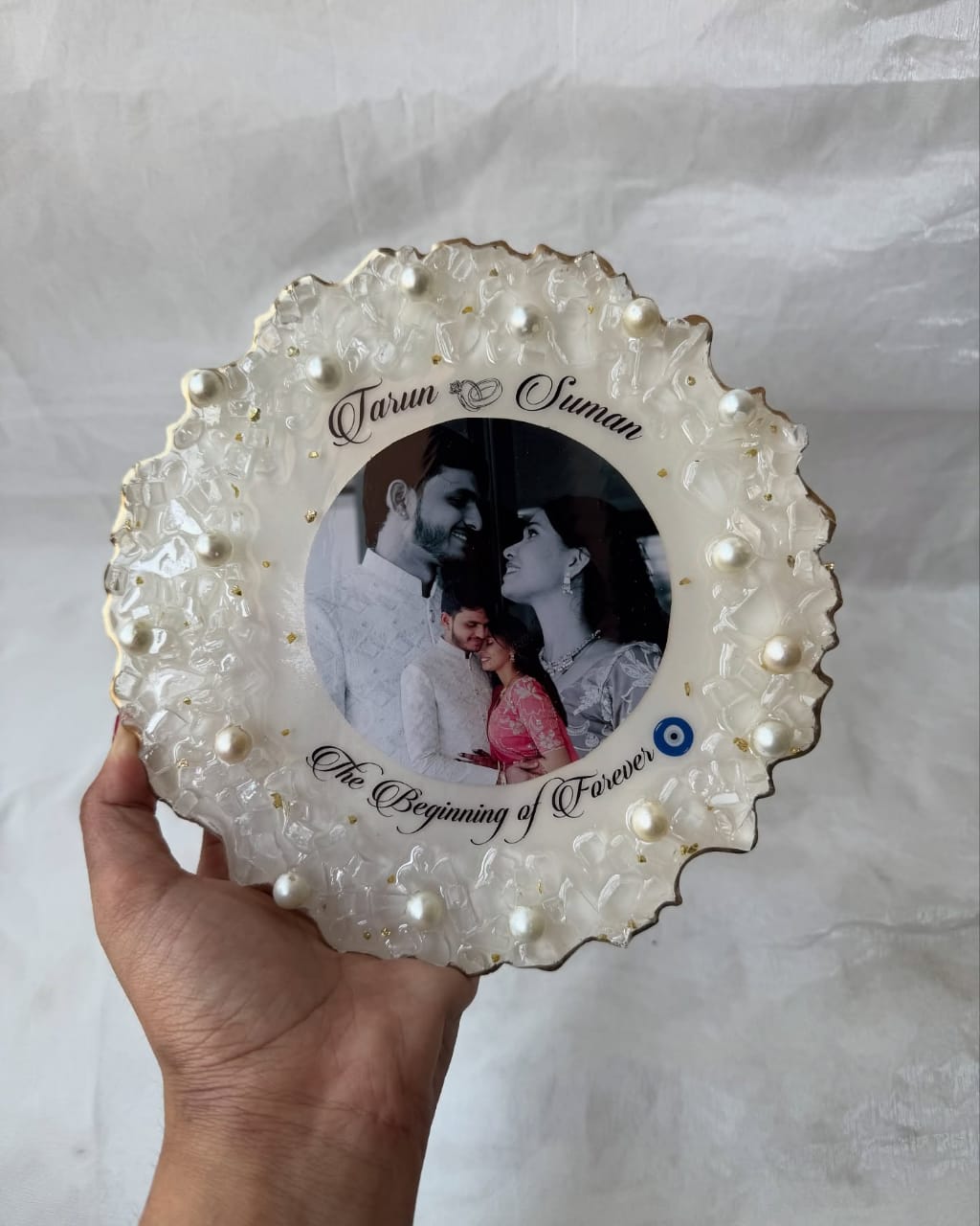 Personalized 8-Inch Resin Frame Adorned with Pearls & Marble