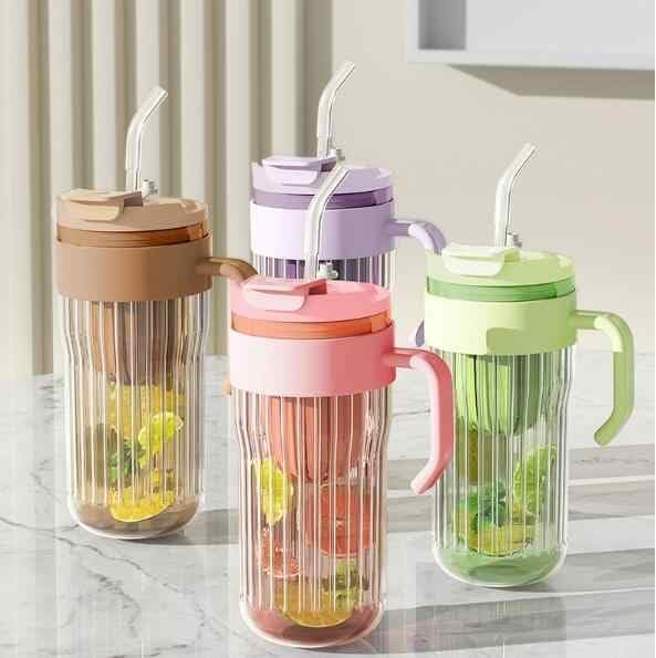 550ML Stripe Glass Tumbler with Lid & Straw – Leakproof 2-in-1 Sip & Flip Design, Multicolor Reusable Glass Cup for Juice, Milk, Iced Coffee & Tea (Set of 1)