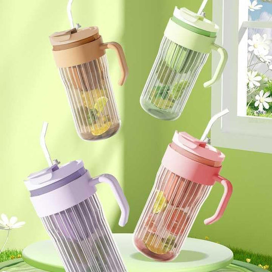 550ML Stripe Glass Tumbler with Lid & Straw – Leakproof 2-in-1 Sip & Flip Design, Multicolor Reusable Glass Cup for Juice, Milk, Iced Coffee & Tea (Set of 1)