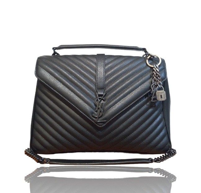 Black Yves Saint Laurent YSL Envelope Shoulder Bag chevron-patterned handbag with a chain strap on a white background