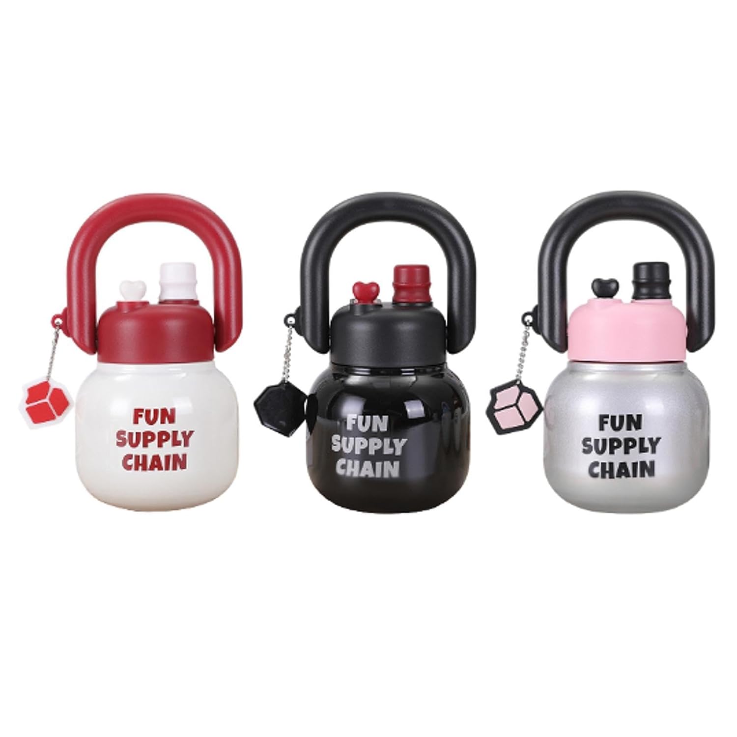 Three colorful water bottles with 'Fun Supply Chain' text on a white background