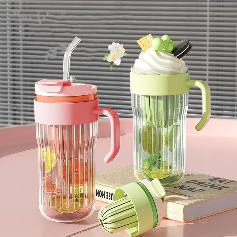 550ML Stripe Glass Tumbler with Lid & Straw – Leakproof 2-in-1 Sip & Flip Design, Multicolor Reusable Glass Cup for Juice, Milk, Iced Coffee & Tea (Set of 1)