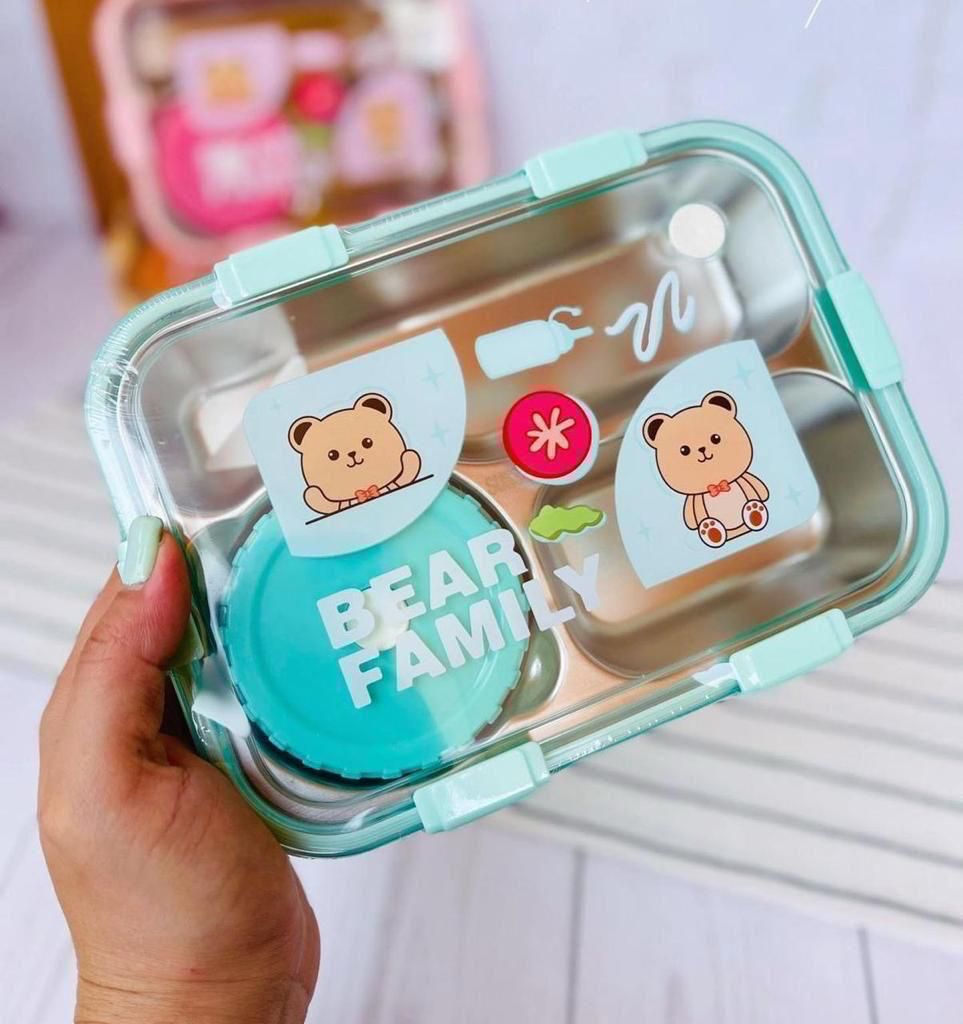 Premium 3-Grid Stainless Steel Bear Family Lunch Box – Durable, Cute, and Practical for Everyday Use