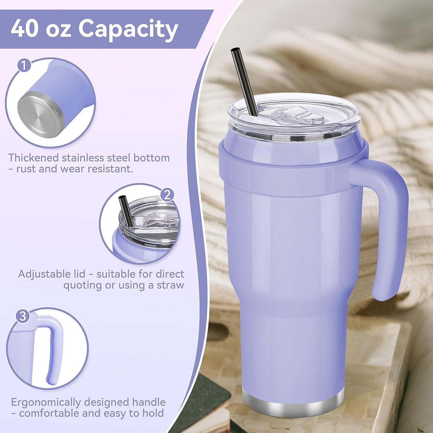 Rietore 40 oz Tumbler with Handle and Straw – Double Wall Stainless Steel Vacuum Insulated Travel Mug