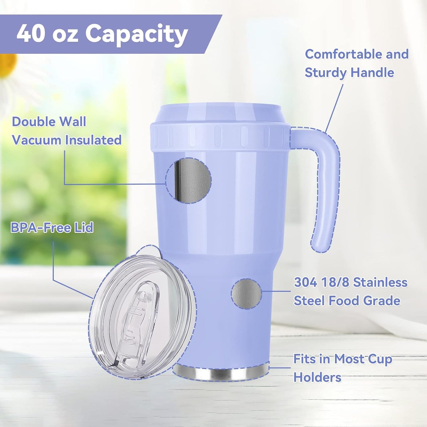 Rietore 40 oz Tumbler with Handle and Straw – Double Wall Stainless Steel Vacuum Insulated Travel Mug
