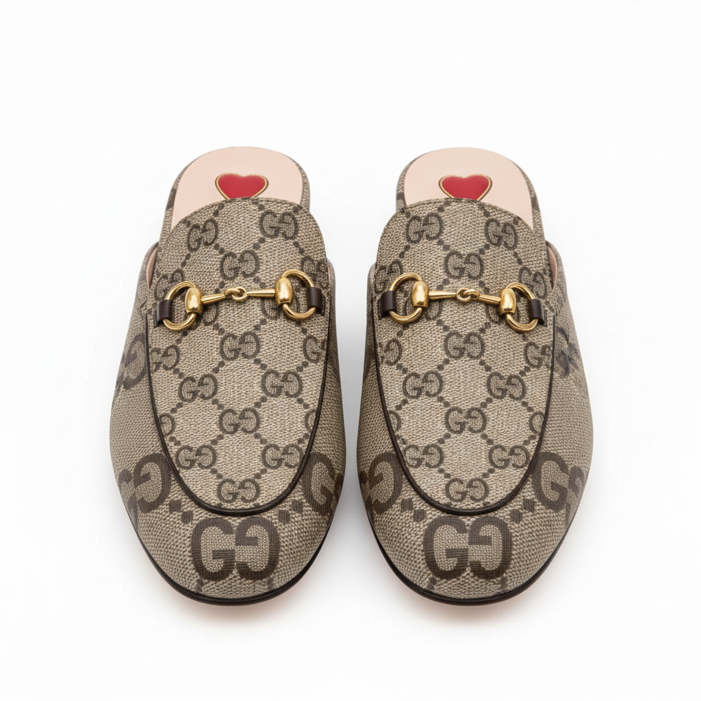 Brown patterned shoes with red heart designs on a light gray background