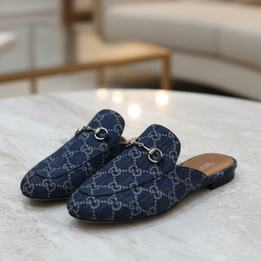 Blue GUCCI Women Mules  patterned slippers on a white background