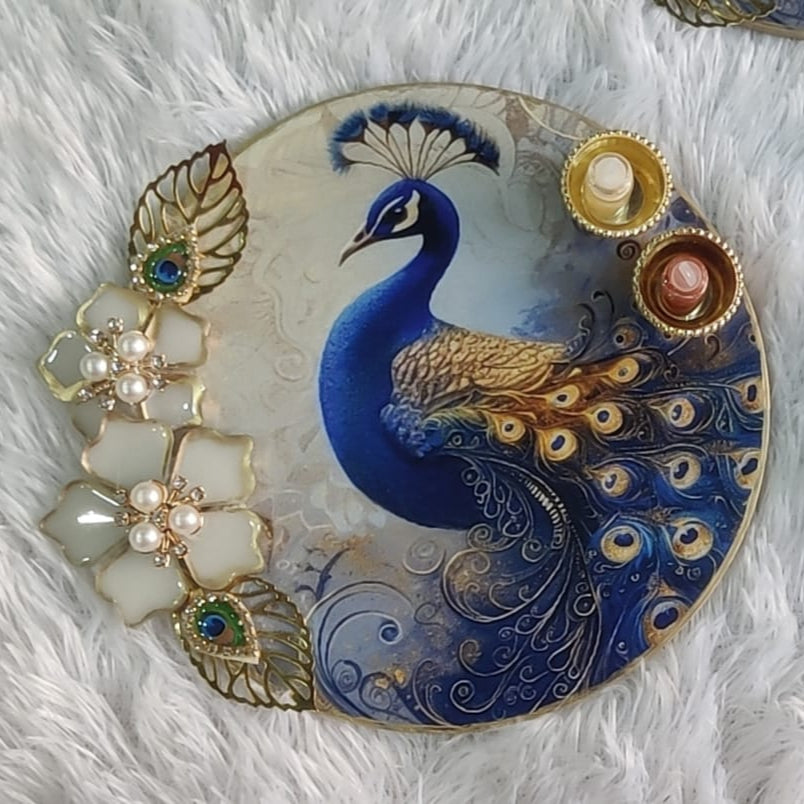 Exquisite 6-Inch Round Resin Tilak Platter with Peacock Design and Resin Flower Decoration