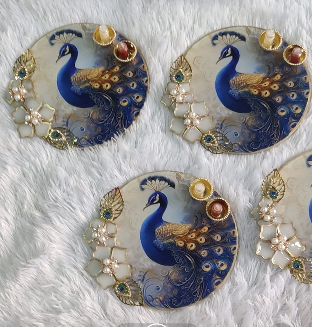 Exquisite 6-Inch Round Resin Tilak Platter with Peacock Design and Resin Flower Decoration