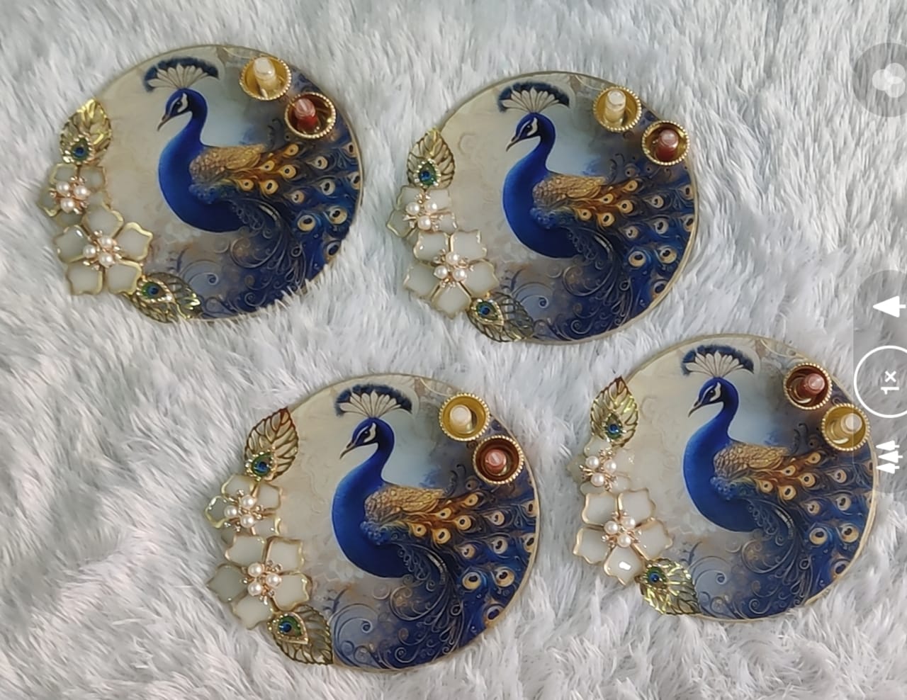 Exquisite 6-Inch Round Resin Tilak Platter with Peacock Design and Resin Flower Decoration
