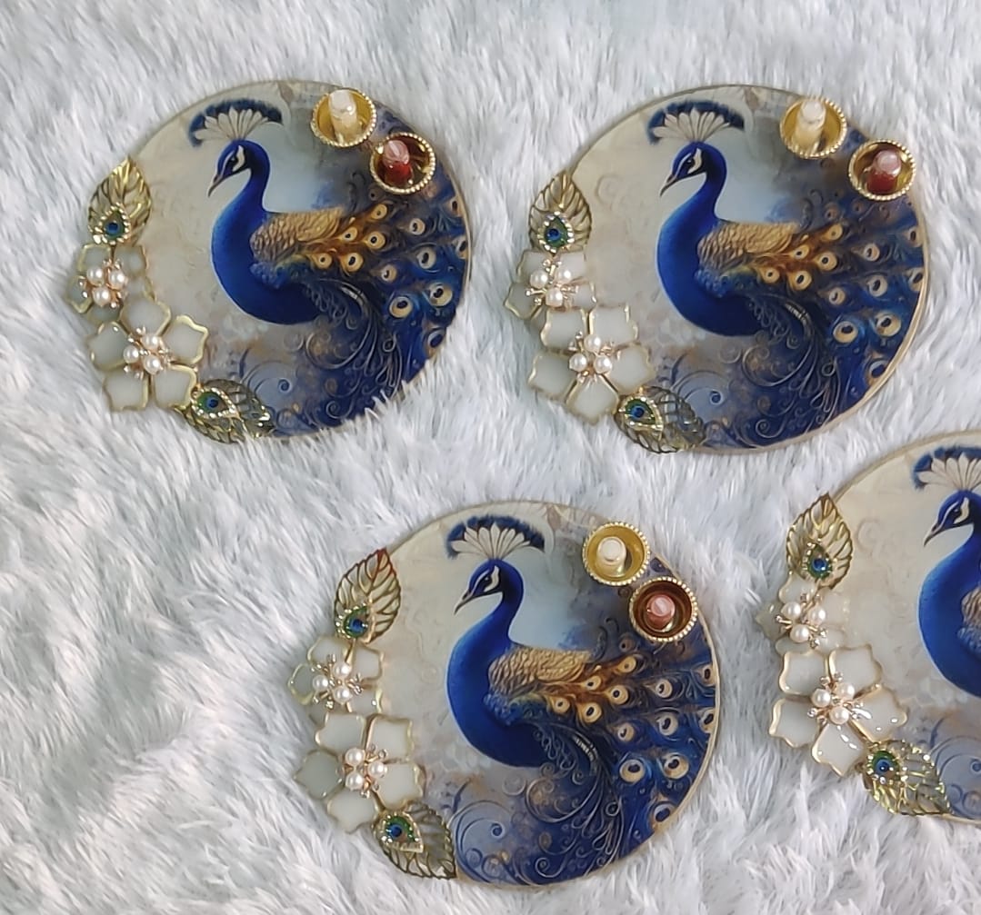Exquisite 6-Inch Round Resin Tilak Platter with Peacock Design and Resin Flower Decoration