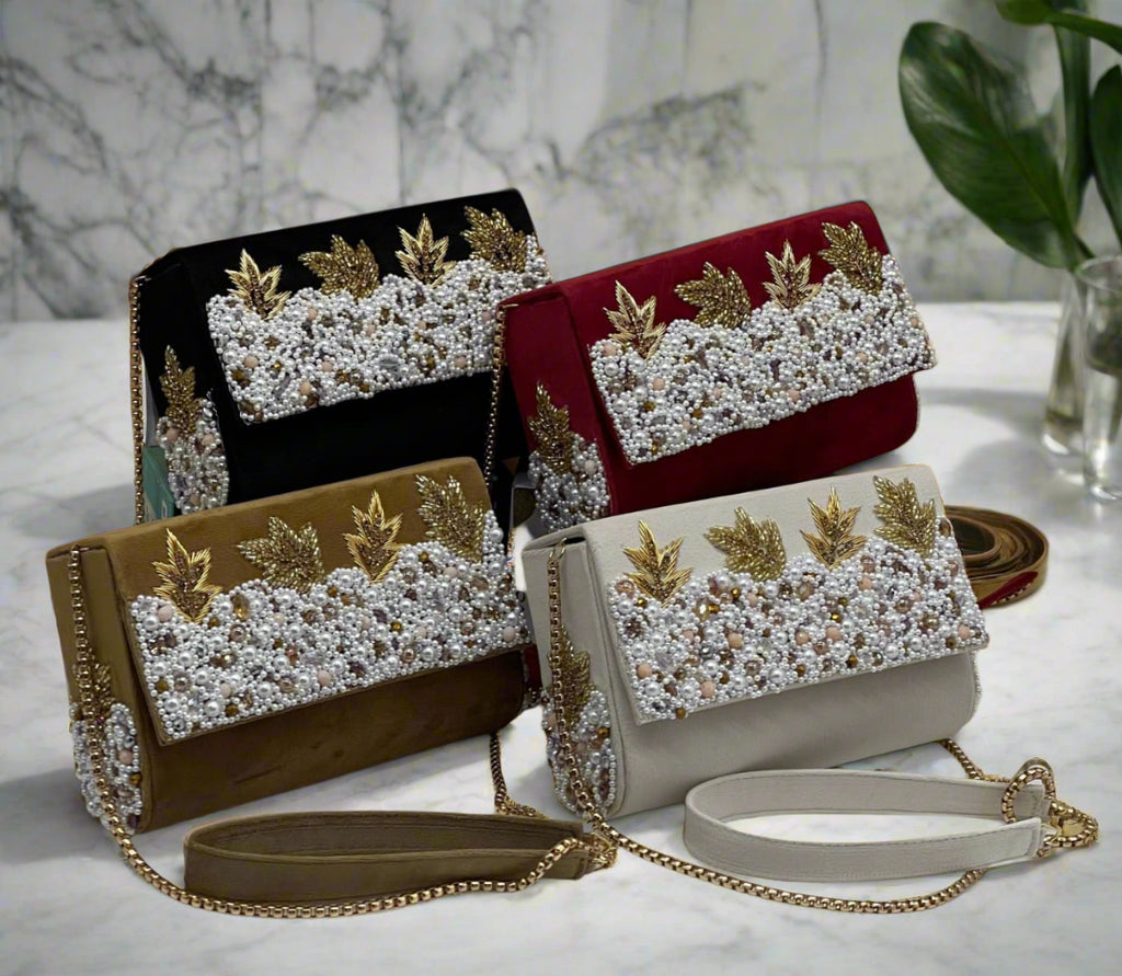 Exquisite Handmade Velvet & Pearl Clutch Bag
