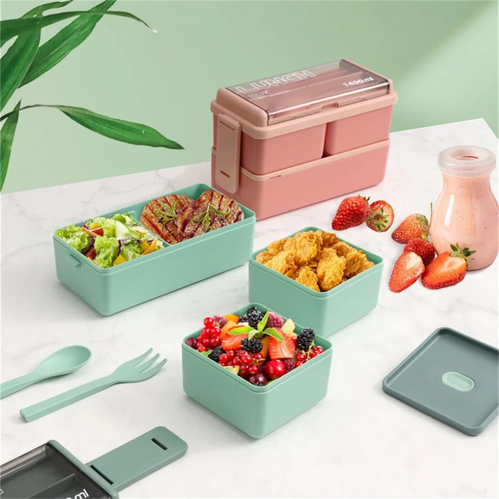 Double Decker Delight: 1400 ML Plastic Bento Lunch Box with Spoon & Fork Set