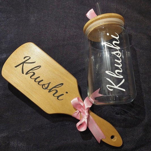 Personalized Glass Jar & Wooden Hair Brush