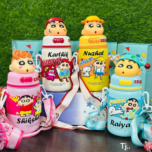 Cute Shinchan Stainless Steel Insulated Flask Sipper Bottle - 520ml with 3D Design Strap