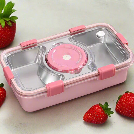 Compact 3-Grid Stainless Steel Lunch Box with Leak-Proof Container and Steel Cutlery