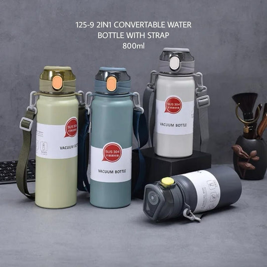 Personalized Double Valve Insulated Stainless Steel Water Bottle with Strap - 800ml