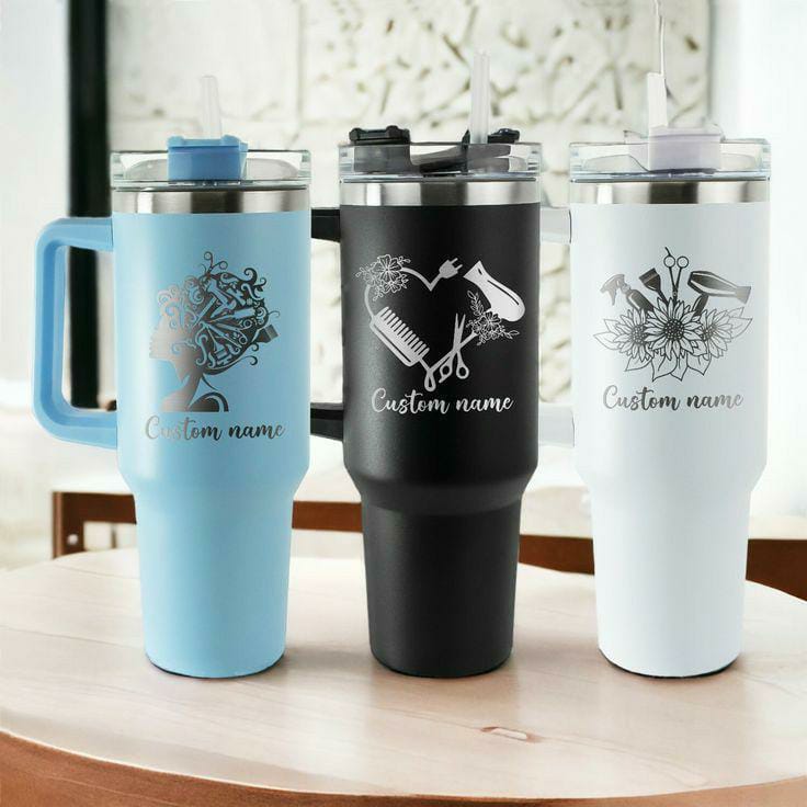 Personalized 40 oz Stainless Steel Tumbler with Handle and Straw Lid – Custom Name Engraving
