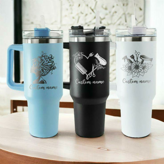 Personalized 40 oz Stainless Steel Tumbler with Handle and Straw Lid – Custom Name Engraving