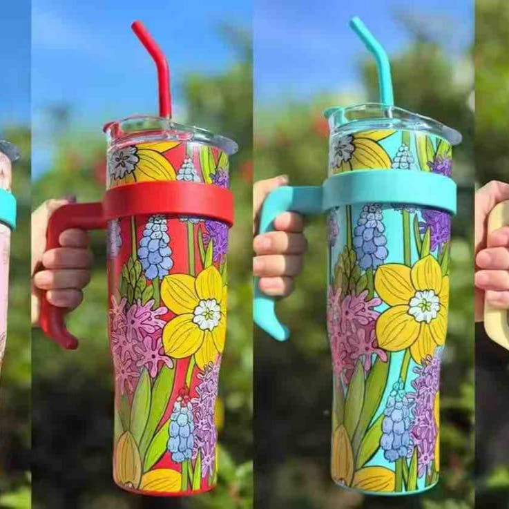 Floral Print Jumbo Acrylic Tumbler with Handle and Straw – 900 ml