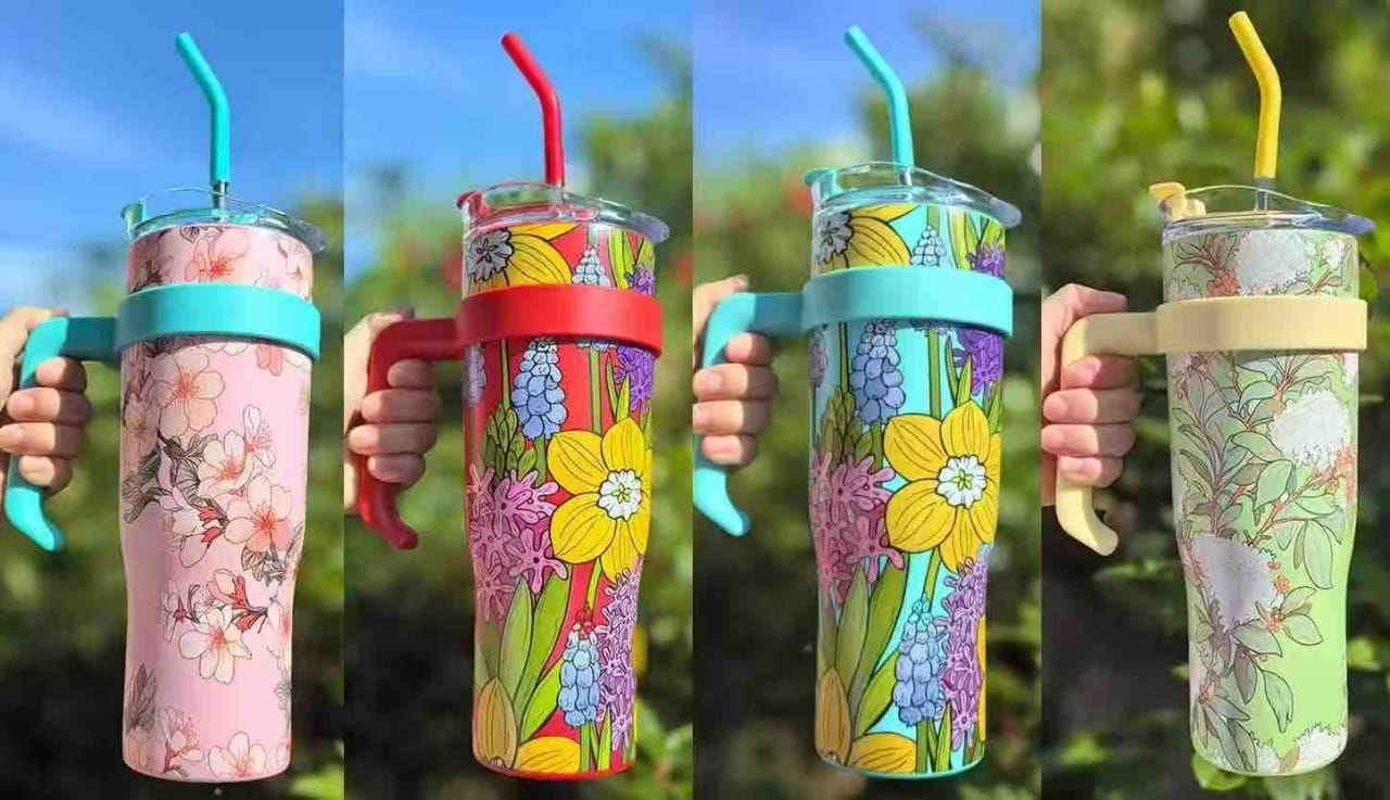 Floral Print Jumbo Acrylic Tumbler with Handle and Straw – 900 ml