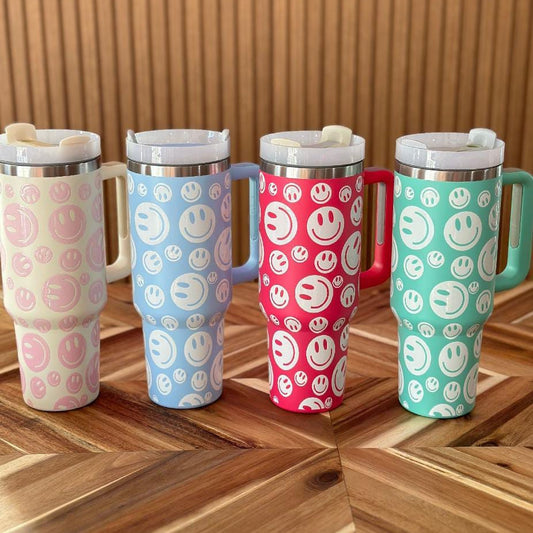 40 oz Stainless Steel Insulated Tumbler with Handle and Smiley Face Design – Durable Travel Mug with Straw Lid