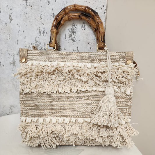 Macramé Wood Handle Tote Bag – Boho-Inspired Handcrafted Style with Single Partition