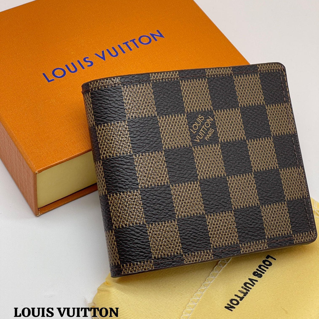 Louis Vuitton wallet with checkered pattern on a white background