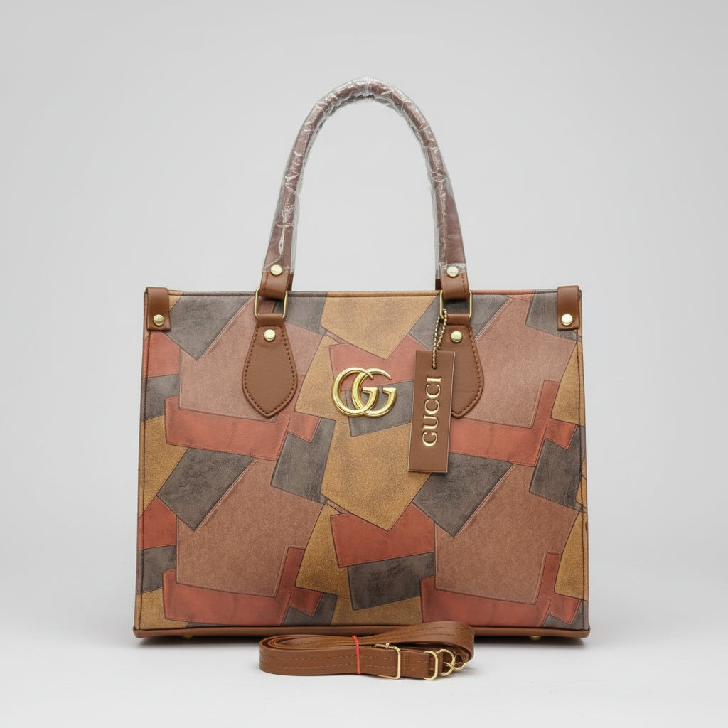 Gucci handbag with geometric pattern on a white surface, featuring the Gucci logo.