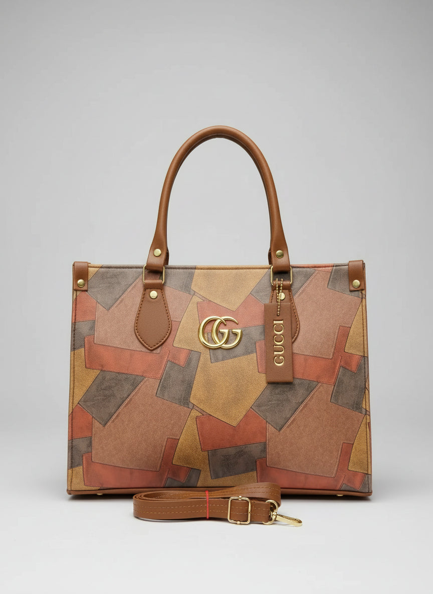 Gucci patchwork handbag on a white surface with Gucci logo and branding.